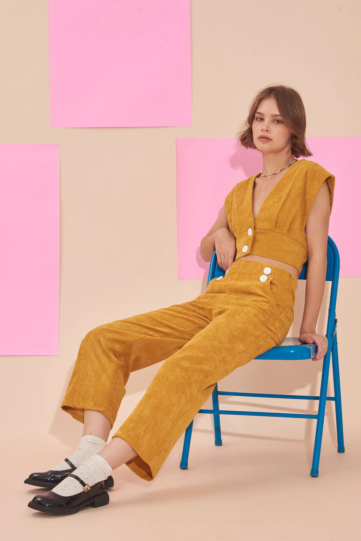 "SUNSHINE" 3/4 High Waist Culottes In Mustard Yellow Cotton Corduroy With White Contrast Buttons.