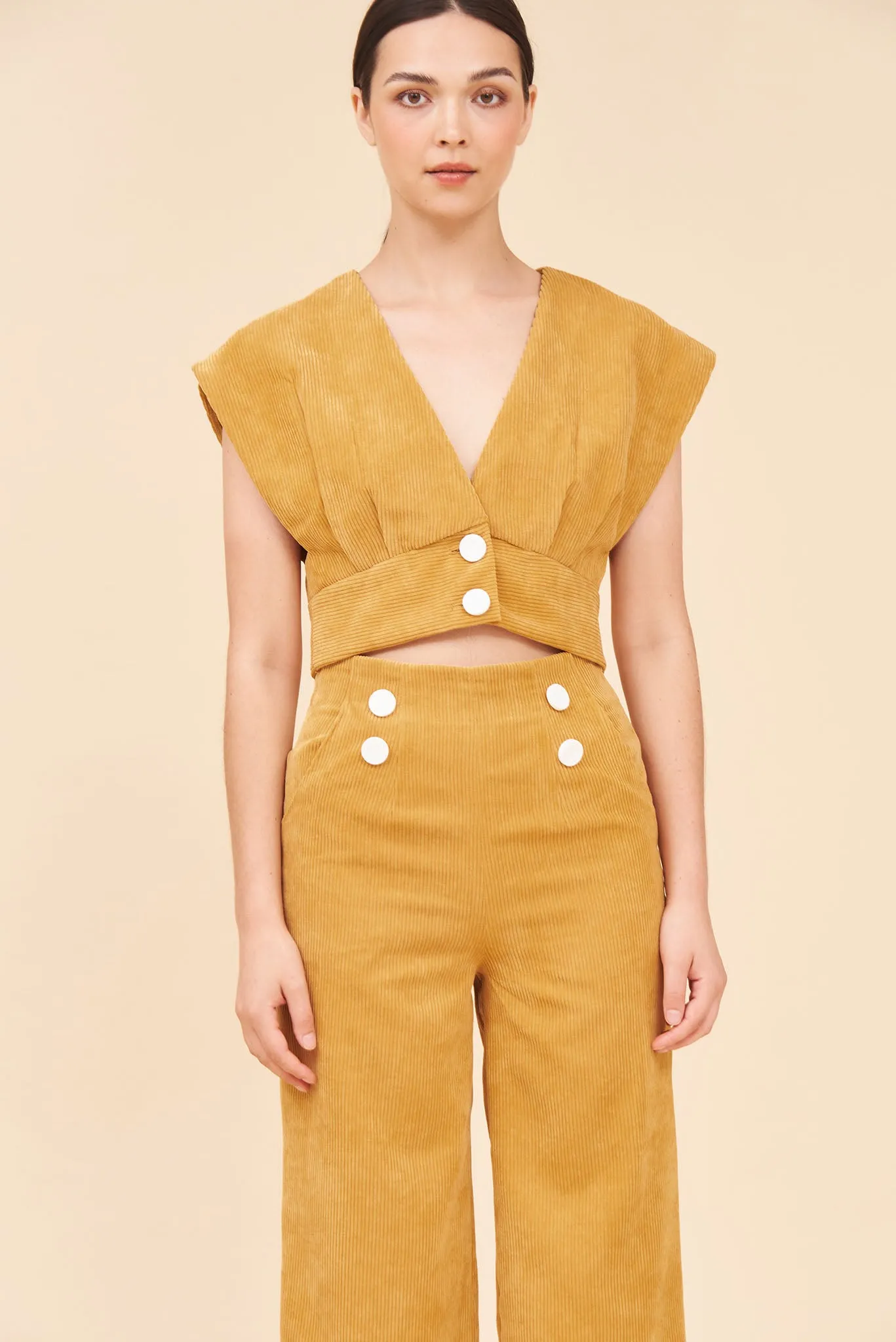 "SUNSHINE" 3/4 High Waist Culottes In Mustard Yellow Cotton Corduroy With White Contrast Buttons.