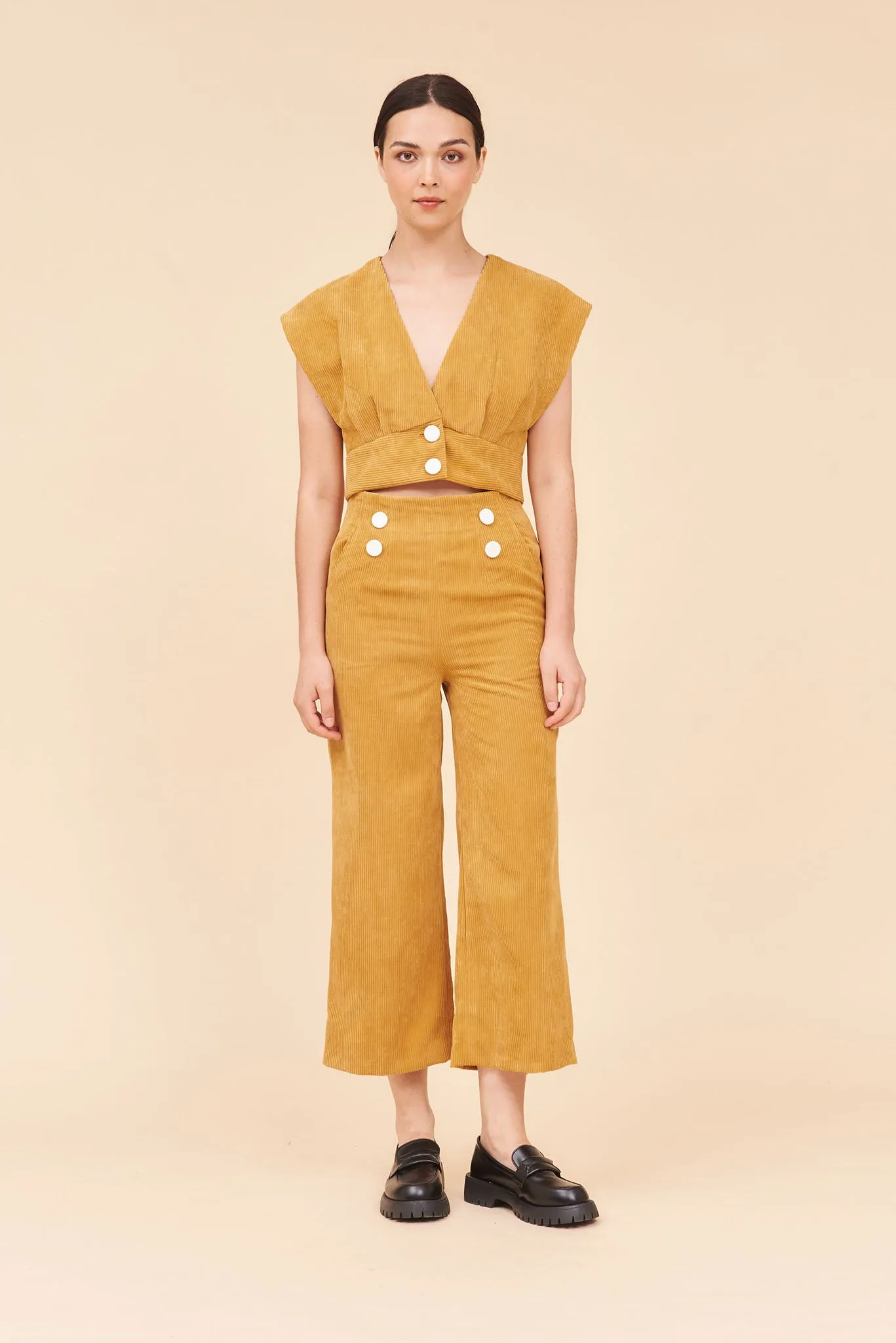 "SUNSHINE" 3/4 High Waist Culottes In Mustard Yellow Cotton Corduroy With White Contrast Buttons.