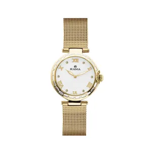 Rama Ladies Quartz Watch Yellow Gold Plated Stainless Steel Case With White Dial / Yellow Gold Plated Mesh Metal Bracelet