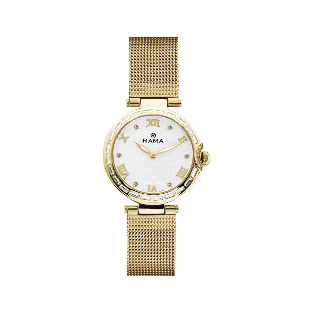 Rama Ladies Quartz Watch Yellow Gold Plated Stainless Steel Case With White Dial / Yellow Gold Plated Mesh Metal Bracelet