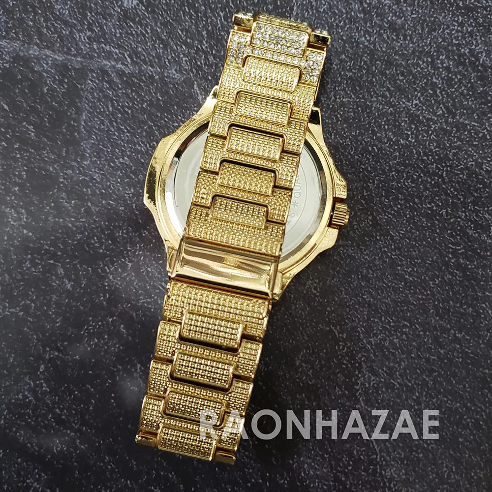 Raonhazae Hip Hop Iced Lab Diamond 14K Drake Drizzy Blue Face Gold Plated Black Face Watch with Stone
