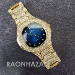 Raonhazae Hip Hop Iced Lab Diamond 14K Drake Drizzy Blue Face Gold Plated Black Face Watch with Stone