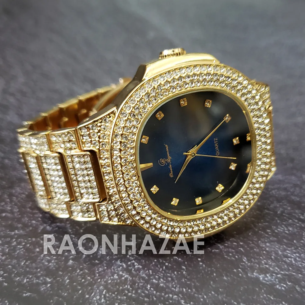 Raonhazae Hip Hop Iced Lab Diamond 14K Drake Drizzy Blue Face Gold Plated Black Face Watch with Stone