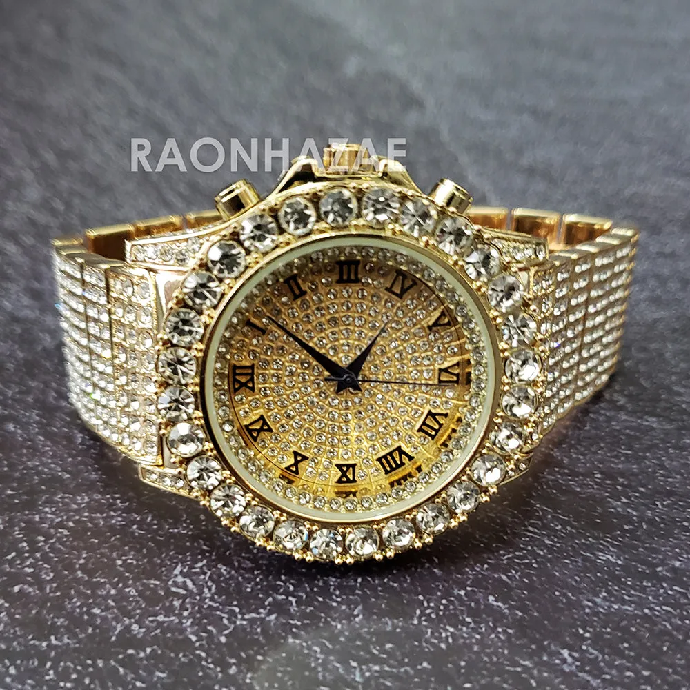 Raonhazae Hip Hop Iced Lab Diamond 14K Drake Drizzy Gold Plated Black Face Watch with Stone