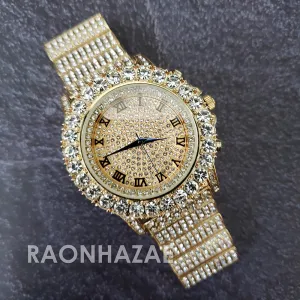 Raonhazae Hip Hop Iced Lab Diamond 14K Drake Drizzy Gold Plated Black Face Watch with Stone