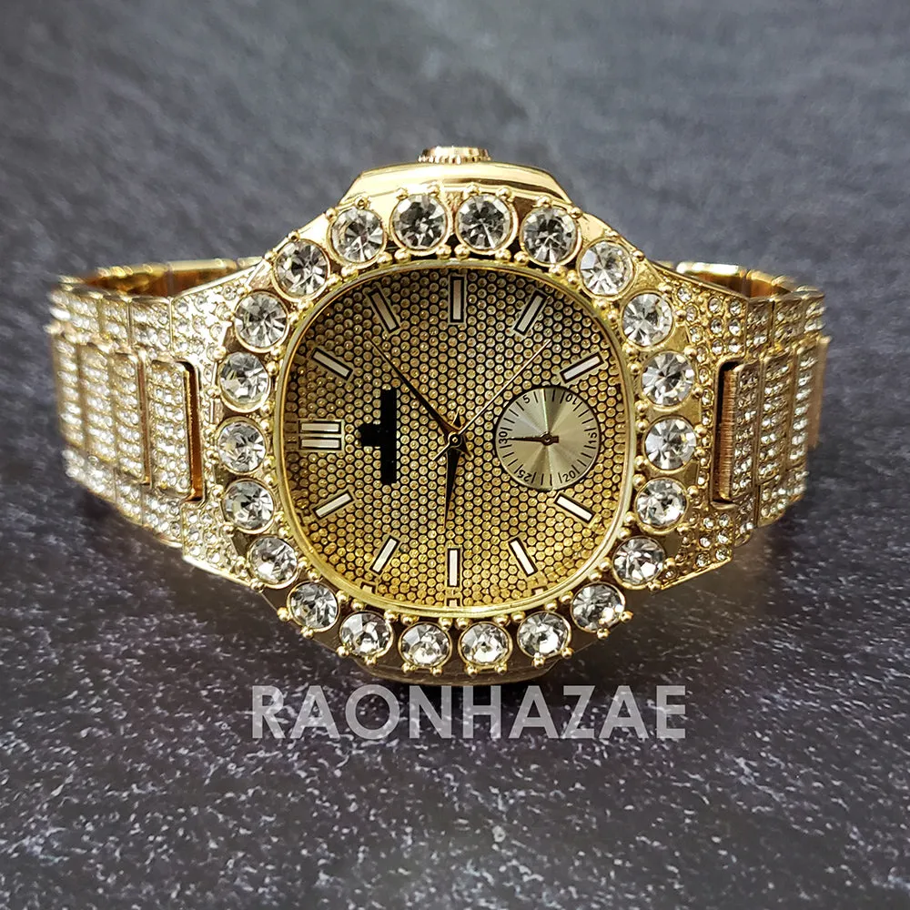 Raonhazae Hip Hop Iced Lab Diamond Meek Mill Drake 14K Gold Plated Watch with 12mm Cuban Link Bracelet Set