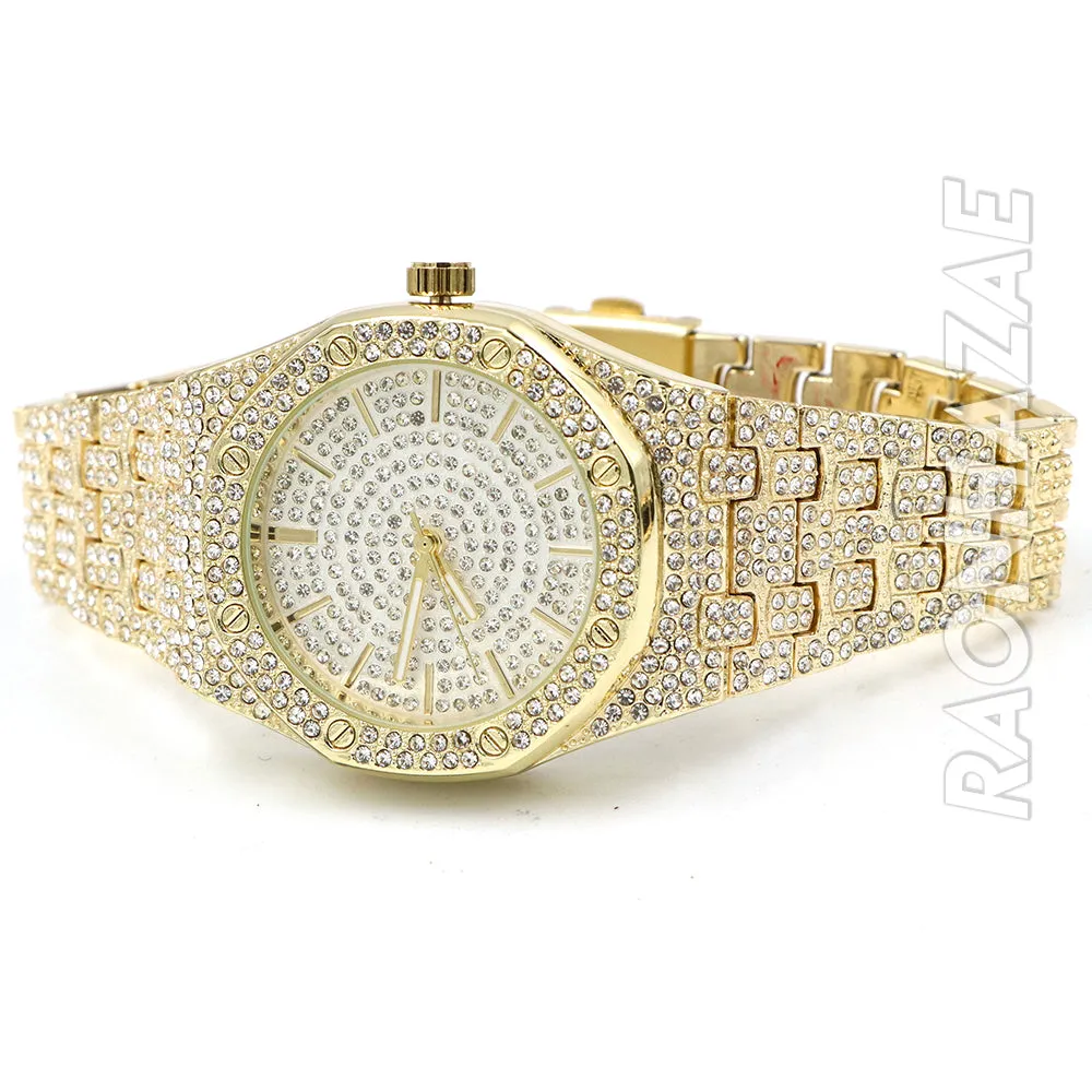 Raonhazae Men's Gold Simulated Hip Hop Iced Bezel Lab Diamond Watch - G03