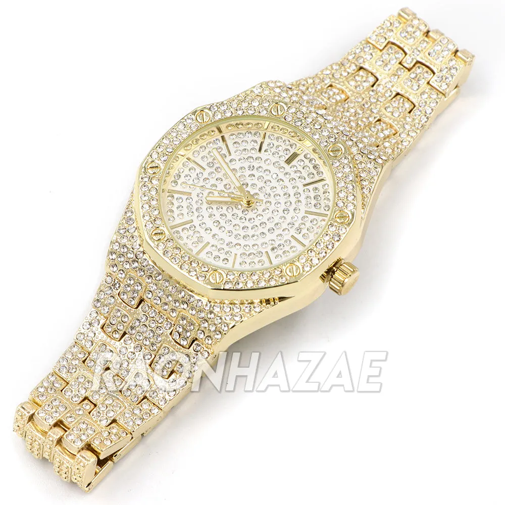 Raonhazae Men's Gold Simulated Hip Hop Iced Bezel Lab Diamond Watch - G03