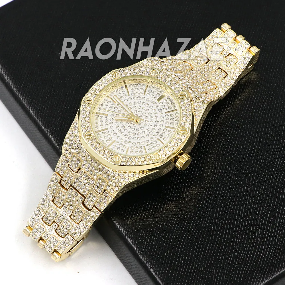 Raonhazae Men's Gold Simulated Hip Hop Iced Bezel Lab Diamond Watch - G03