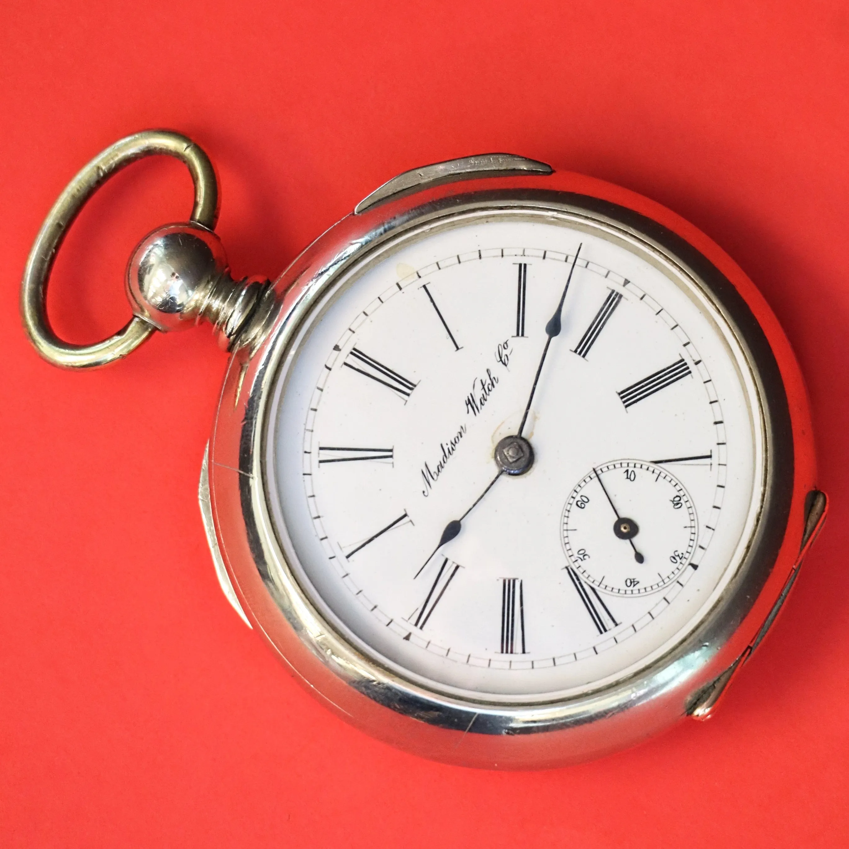 RARE! 1900s Madison Watch Co. Pocket Watch 18s Openface Key Wind Silveroid