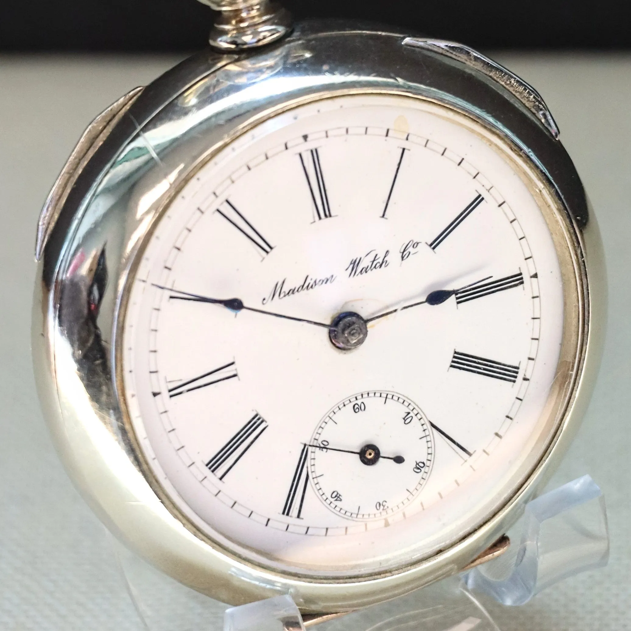 RARE! 1900s Madison Watch Co. Pocket Watch 18s Openface Key Wind Silveroid