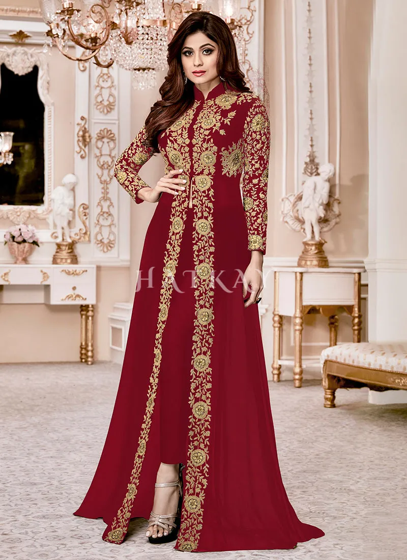 Red Ethnic Embroidered Designer Slit Style Anarkali Pant Suit