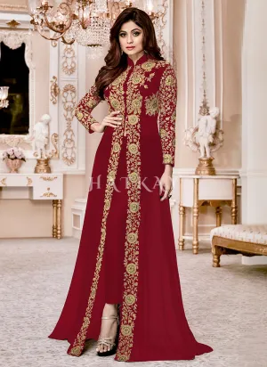 Red Ethnic Embroidered Designer Slit Style Anarkali Pant Suit