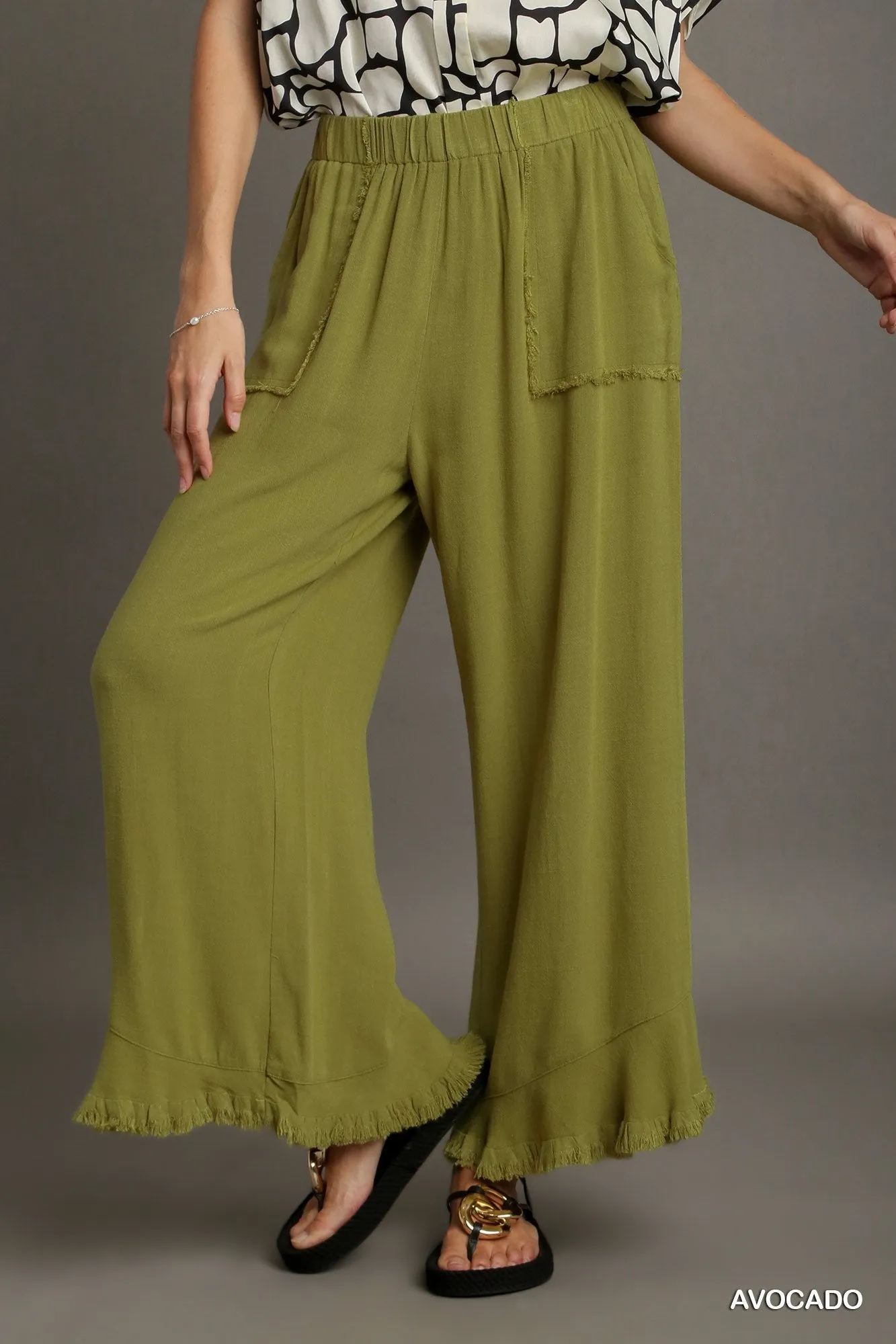 Reece Elastic Waist Band Wide Frayed Hem Pants with Side Pockets In Avocado