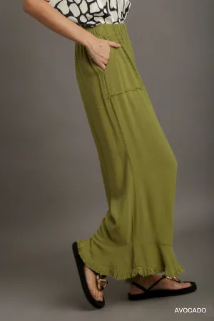 Reece Elastic Waist Band Wide Frayed Hem Pants with Side Pockets In Avocado