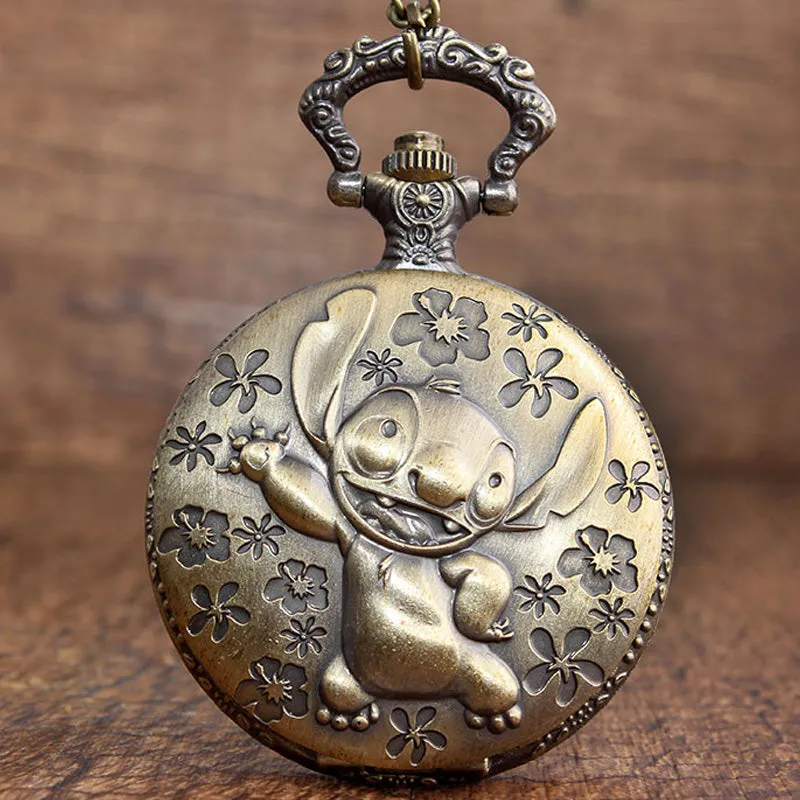 Retro Bronze Lilo & Stitch Pocket Watch Pendant Vintage Cute Koala Necklace Watch With Chain Boy Children Gift