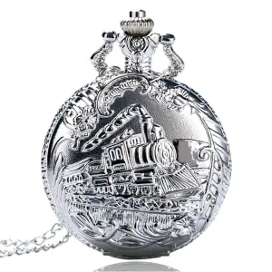 Retro Silver Pocket Watch Train with Flower Relogio De Bolso Quartz Watch with Necklace Chain P456