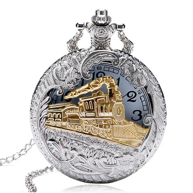 Retro Silver Pocket Watch Train with Flower Relogio De Bolso Quartz Watch with Necklace Chain P456