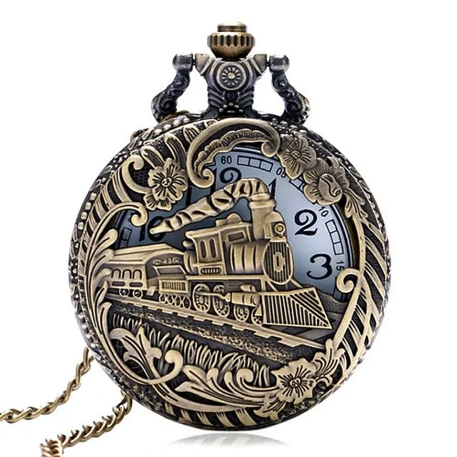Retro Silver Pocket Watch Train with Flower Relogio De Bolso Quartz Watch with Necklace Chain P456