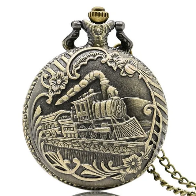 Retro Silver Pocket Watch Train with Flower Relogio De Bolso Quartz Watch with Necklace Chain P456