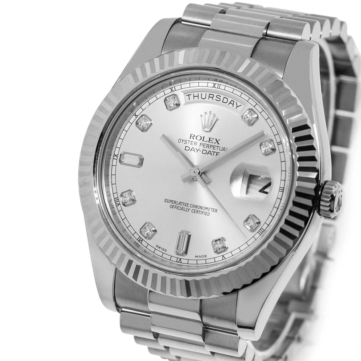 Rolex Day-Date II 41mm White Gold Silver Diamond Dial & Fluted Bezel 218239