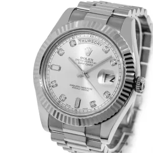 Rolex Day-Date II 41mm White Gold Silver Diamond Dial & Fluted Bezel 218239
