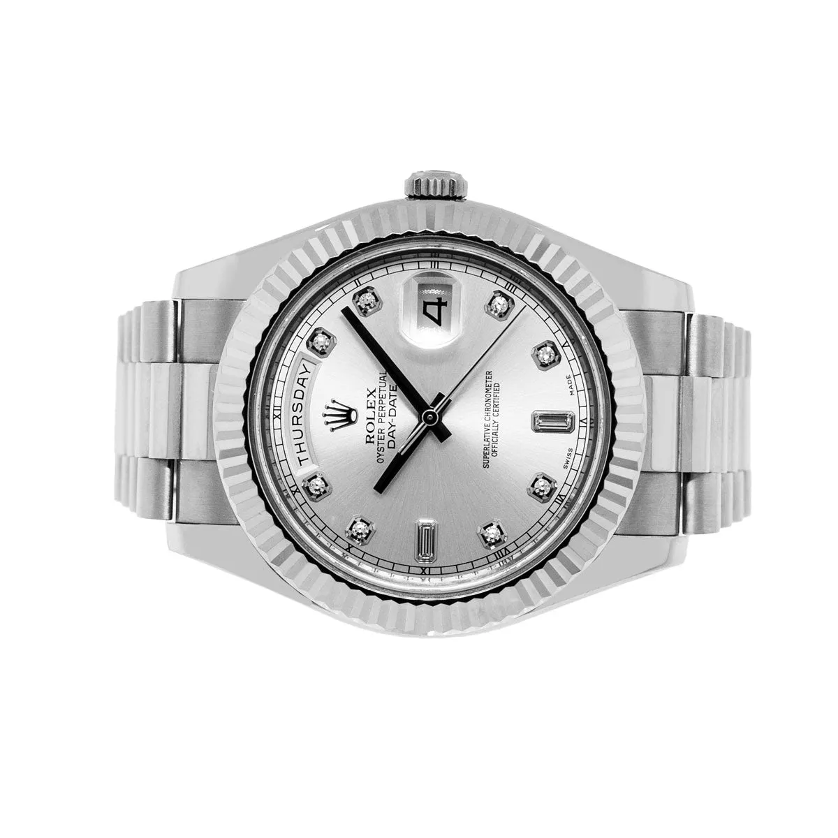 Rolex Day-Date II 41mm White Gold Silver Diamond Dial & Fluted Bezel 218239