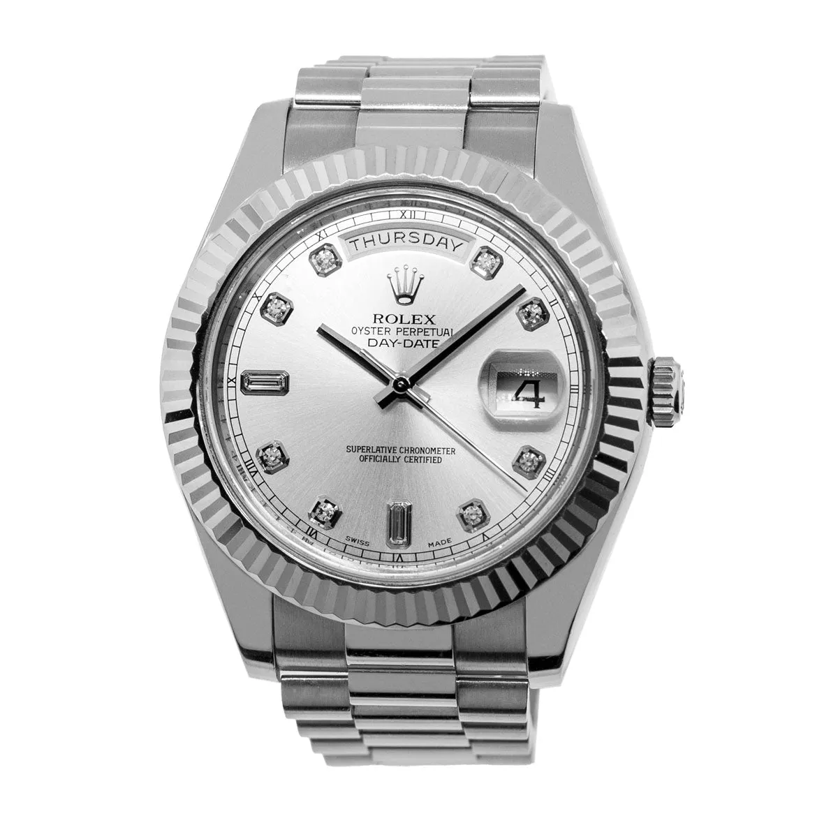 Rolex Day-Date II 41mm White Gold Silver Diamond Dial & Fluted Bezel 218239
