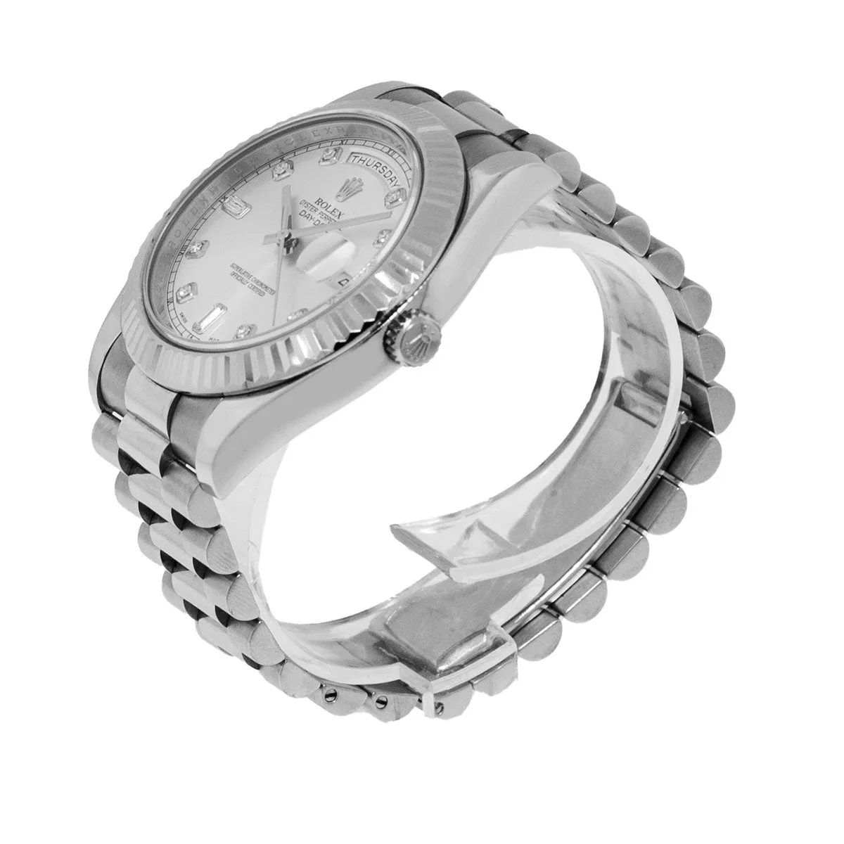 Rolex Day-Date II 41mm White Gold Silver Diamond Dial & Fluted Bezel 218239