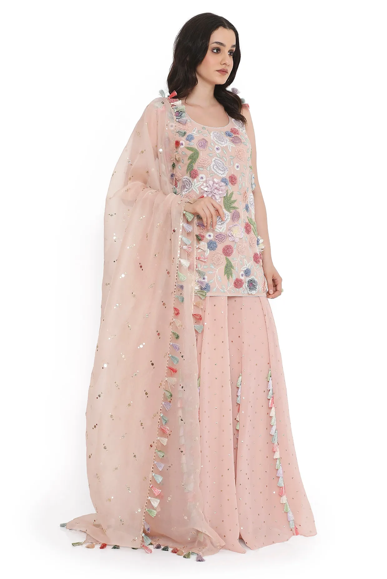 Rose Pink Embroidered Kurta With Sharara And Dupatta - Ready To Ship