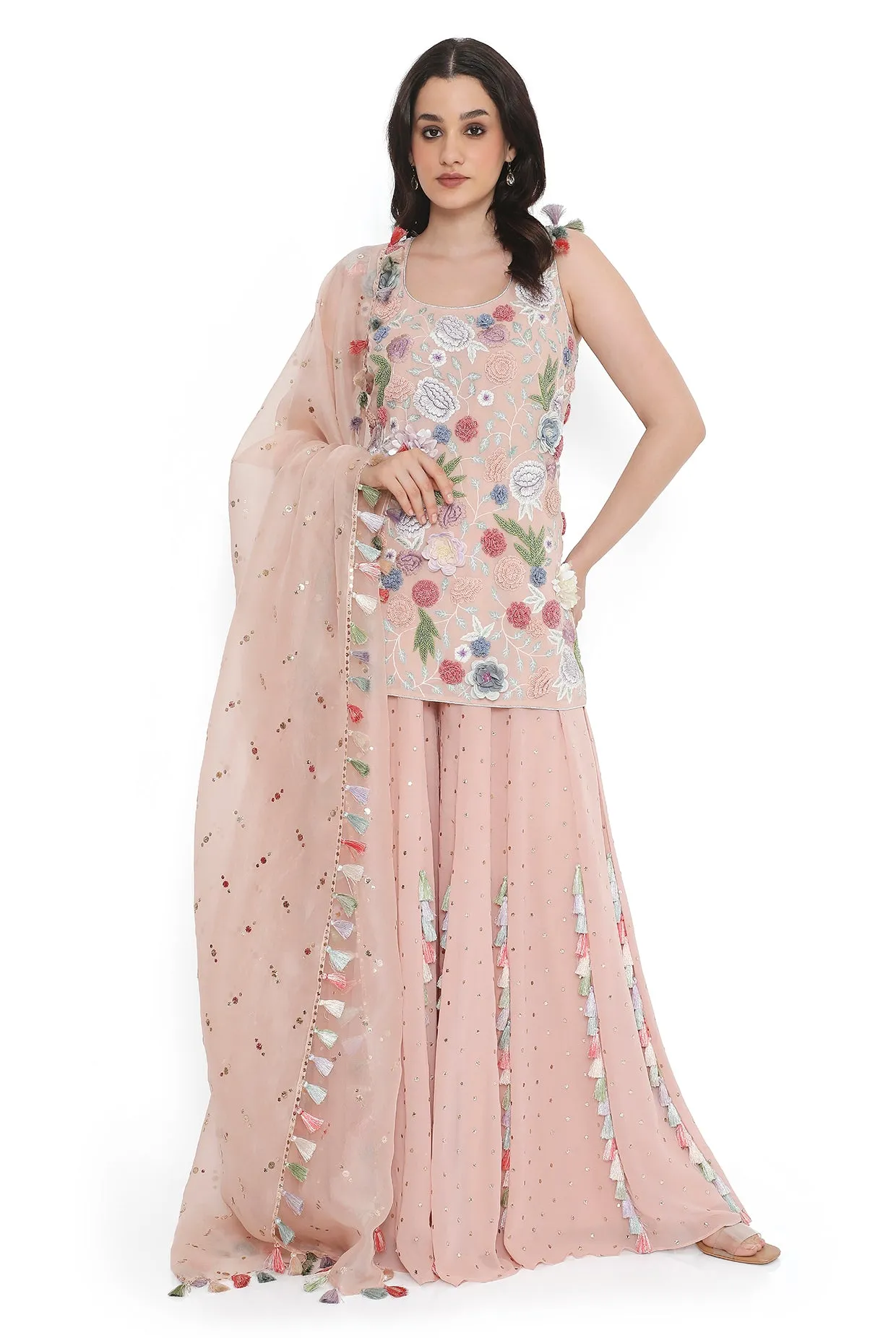 Rose Pink Embroidered Kurta With Sharara And Dupatta - Ready To Ship