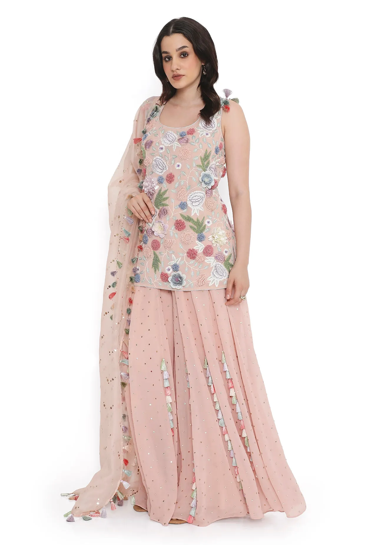 Rose Pink Embroidered Kurta With Sharara And Dupatta - Ready To Ship