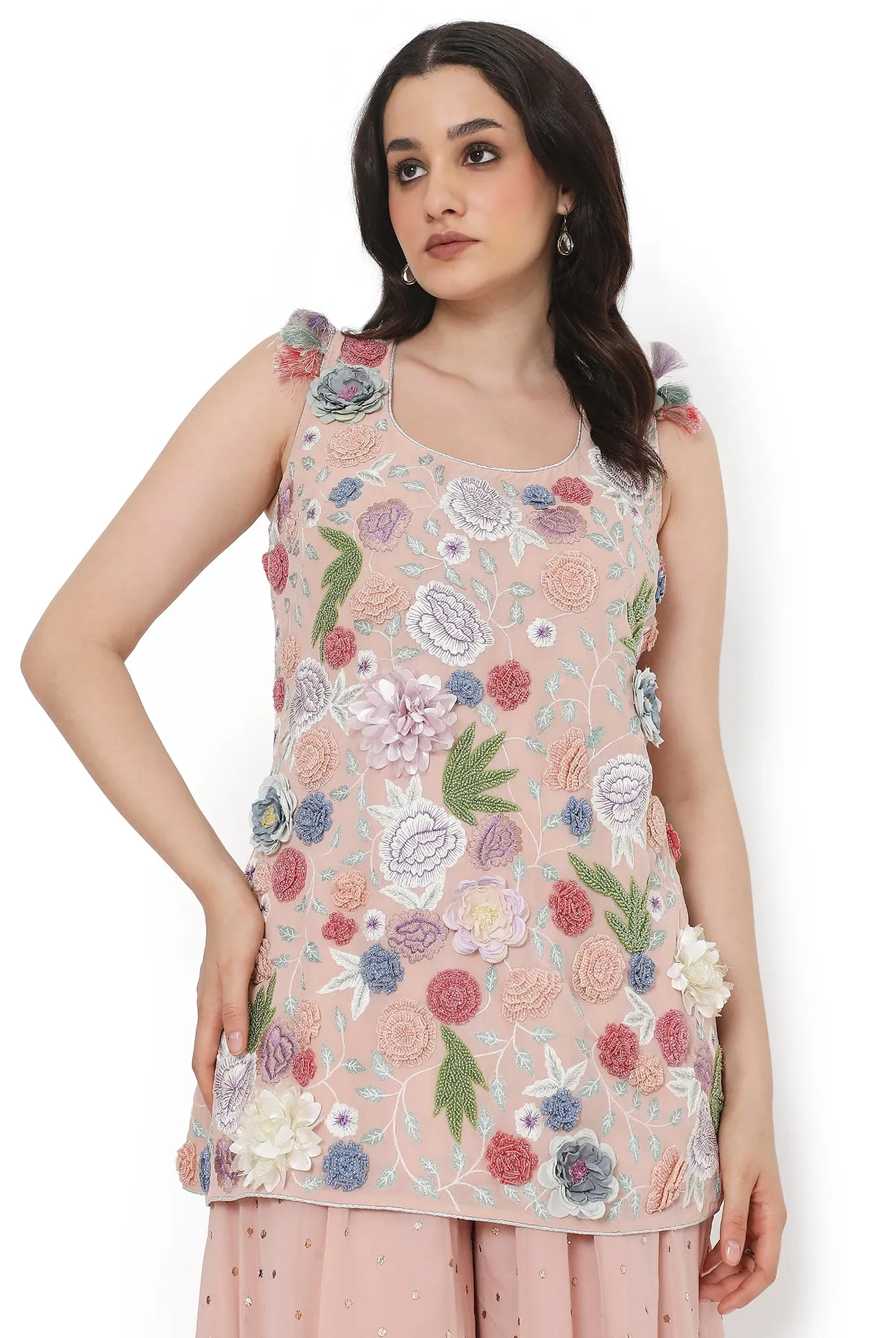 Rose Pink Embroidered Kurta With Sharara And Dupatta - Ready To Ship
