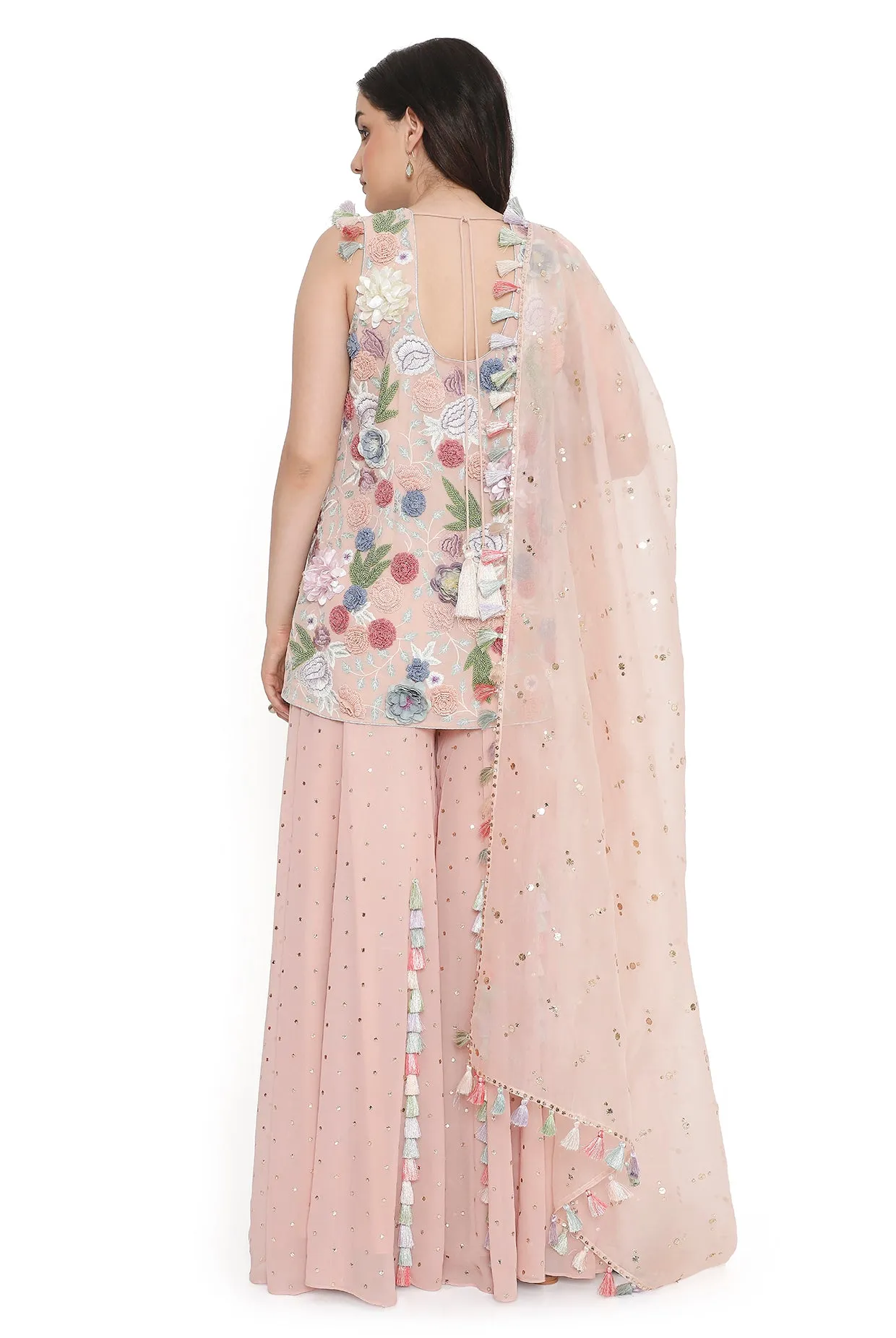 Rose Pink Embroidered Kurta With Sharara And Dupatta - Ready To Ship