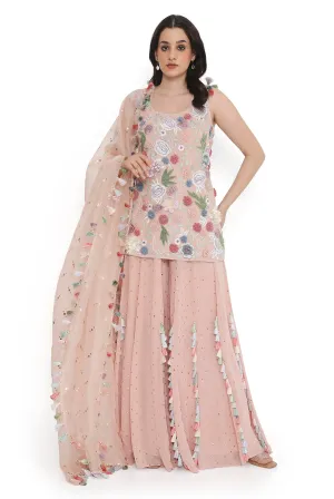 Rose Pink Embroidered Kurta With Sharara And Dupatta - Ready To Ship