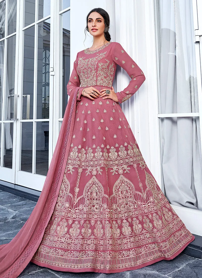 Rose Pink Lucknowi Embroidered Anarkali Suit