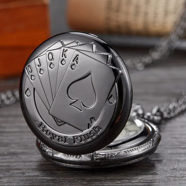 Royal Flush Poker Card Quartz Pocket Watch Small Sliver Size Fob Watches Necklace Pendant for Men Bronze Kids Children Clock