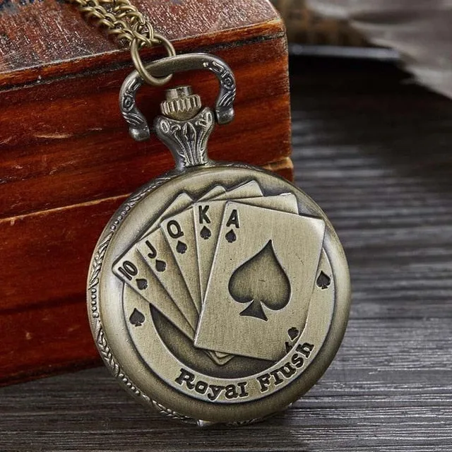 Royal Flush Poker Card Quartz Pocket Watch Small Sliver Size Fob Watches Necklace Pendant for Men Bronze Kids Children Clock