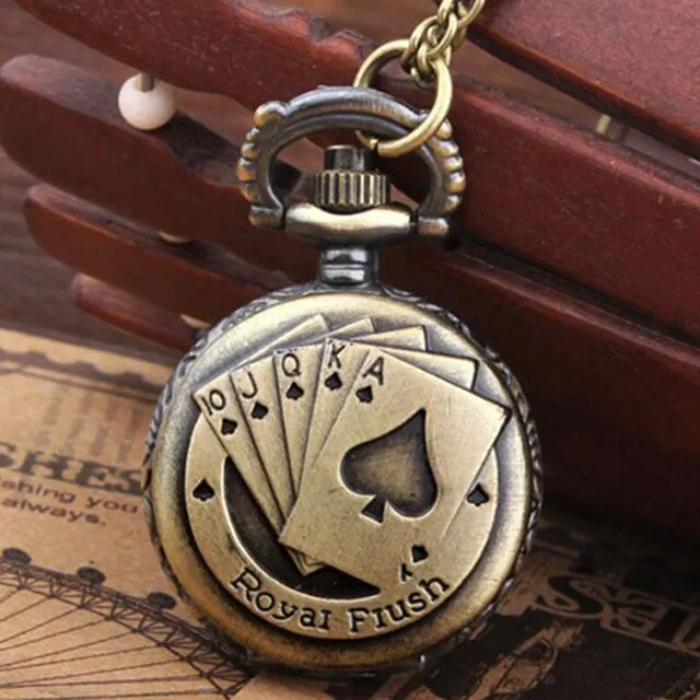 Royal Flush Poker Card Quartz Pocket Watch Small Sliver Size Fob Watches Necklace Pendant for Men Bronze Kids Children Clock