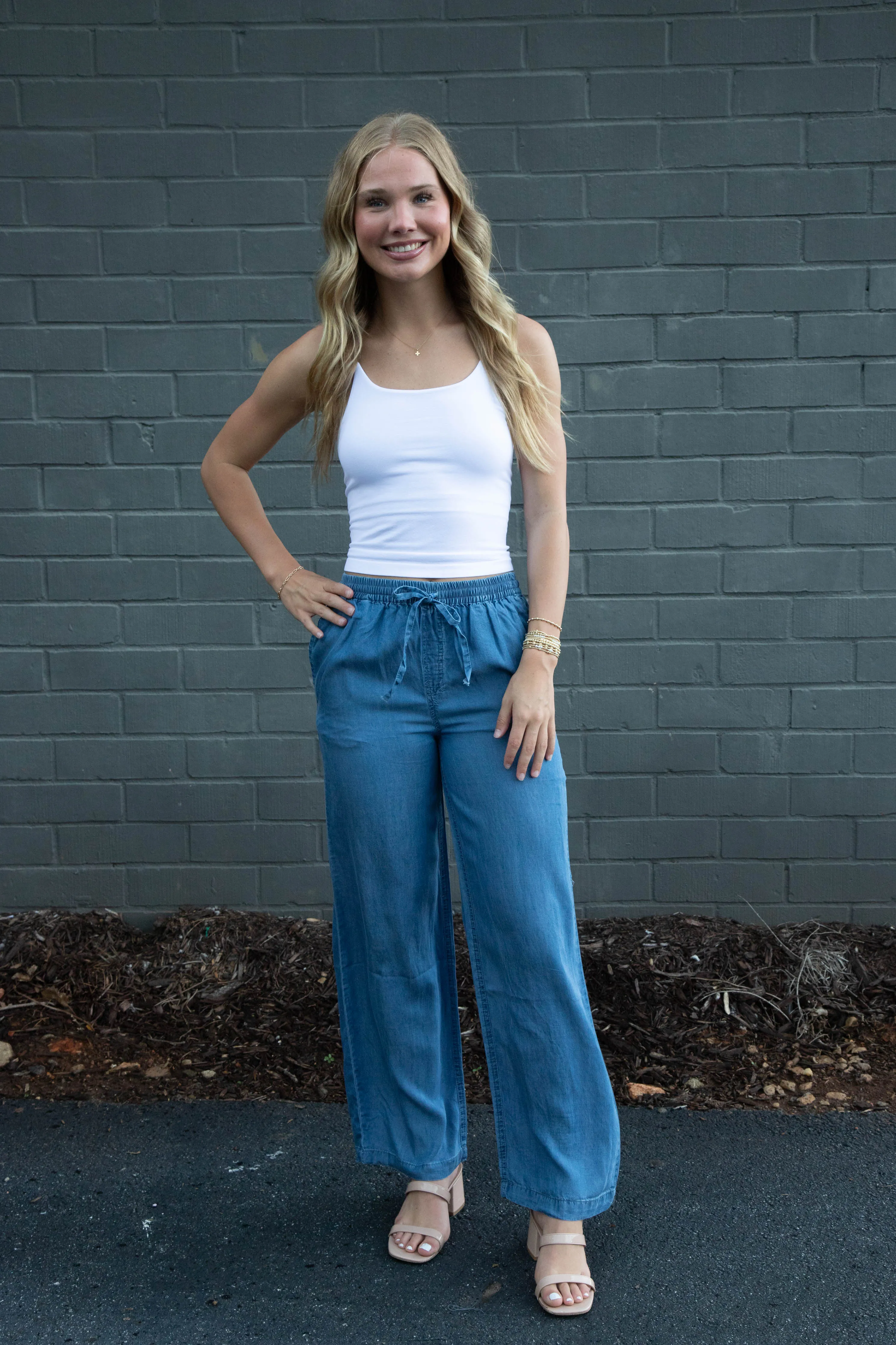 Saige Elastic Waist Tencel Pants, Blue