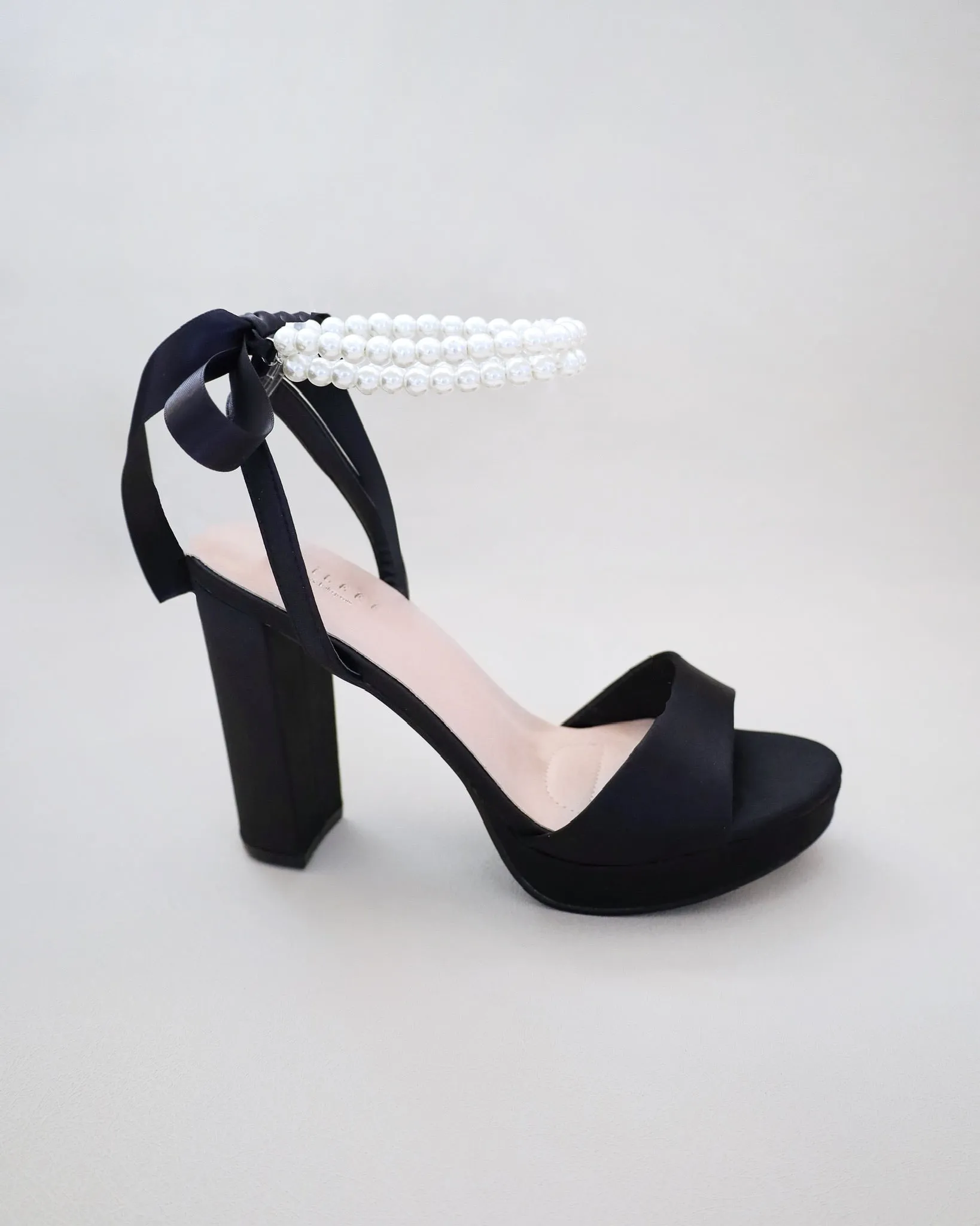 Satin Platform Block Heel Sandals with Double Pearls Ankle Strap