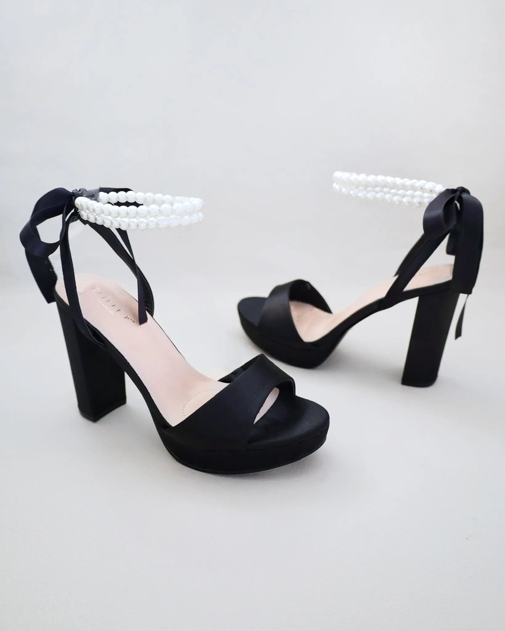 Satin Platform Block Heel Sandals with Double Pearls Ankle Strap