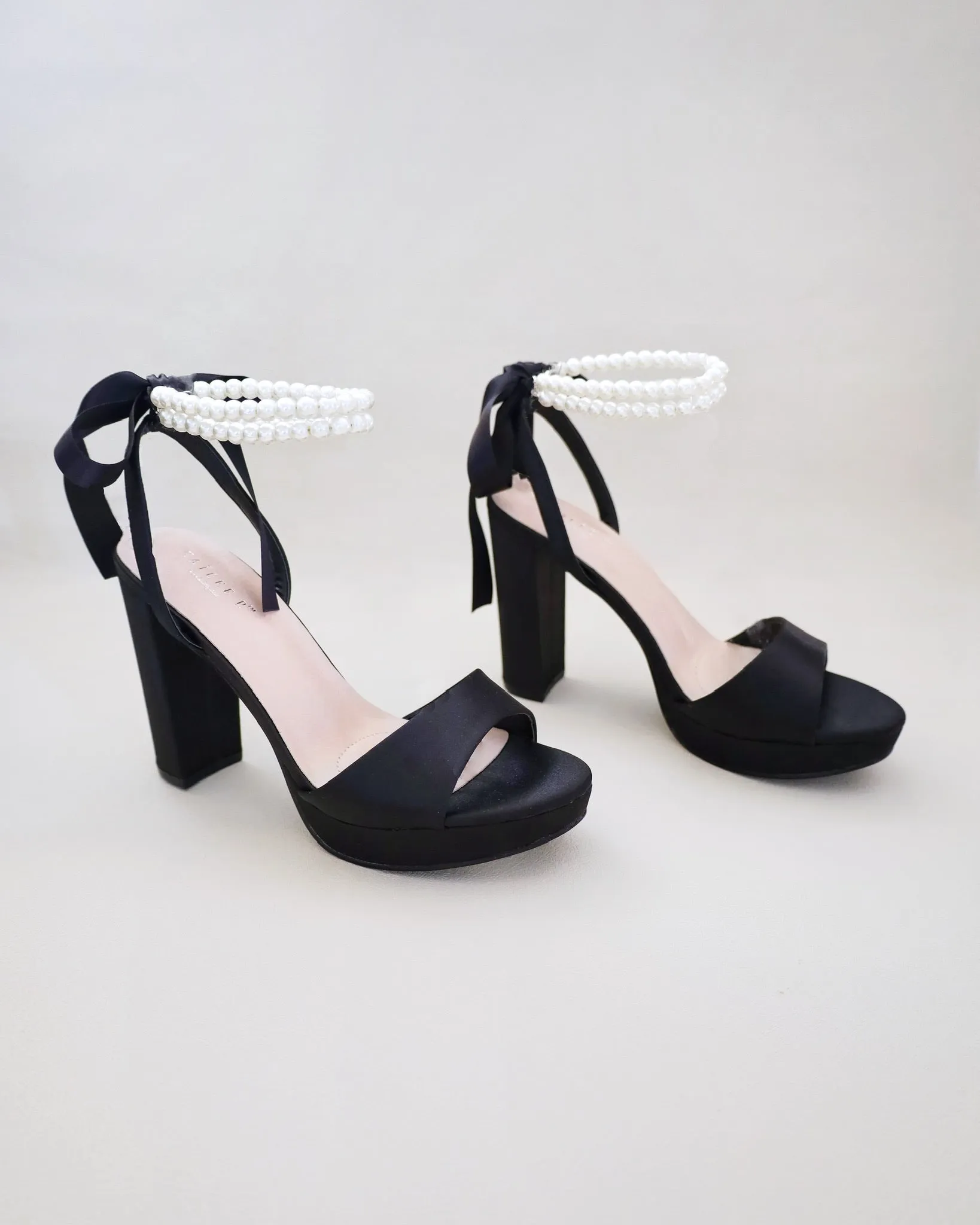 Satin Platform Block Heel Sandals with Double Pearls Ankle Strap