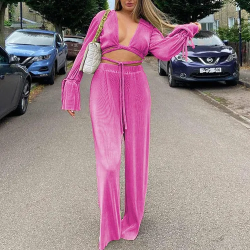 Sexy Green Pants Set Women Casual Loose Bandage Blouses Shirt Matching