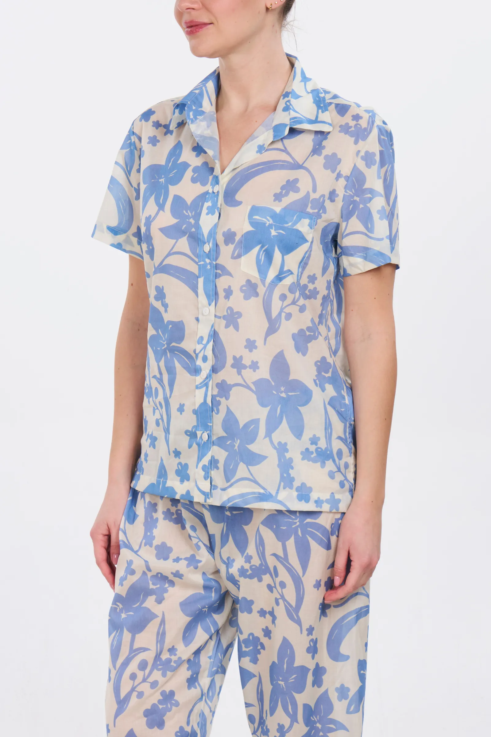 Short Sleeve Cropped Pant Pajama Set - Hawaiian Blue