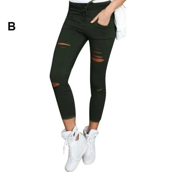 Shredded Elastic Drawstring Waist Pants