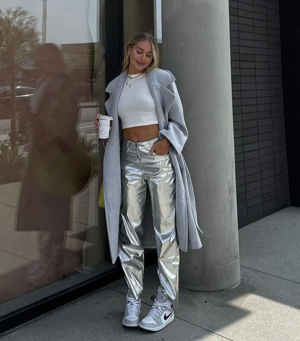 silver metallic high waisted pants