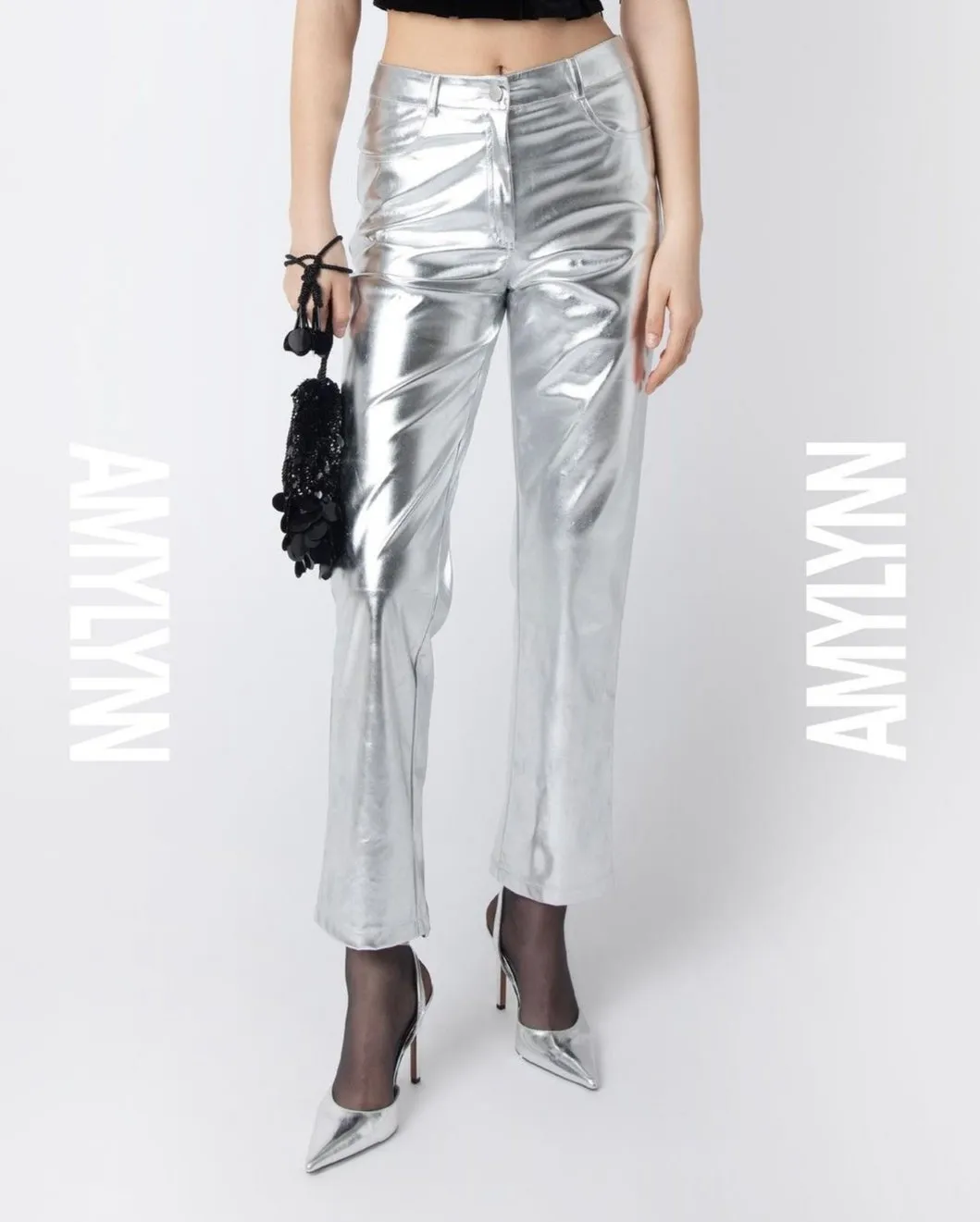 silver metallic high waisted pants