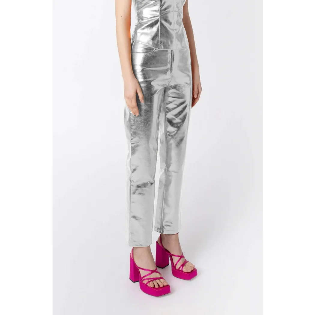 silver metallic high waisted pants